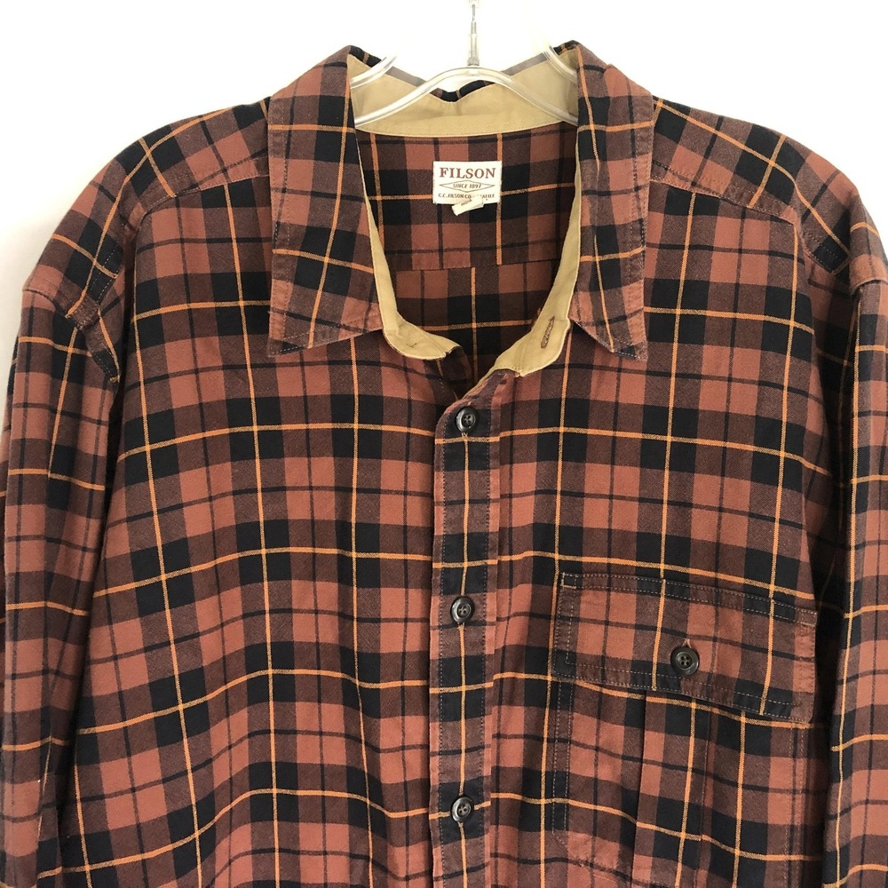 Filson Shirt Mens XL Brown Plaid Cotton Long Sleeve Button Front Casual - Picture 2 of 9